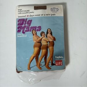 Vtg Big Mama Vintage Beigetone Pantyhose Large 165-230 lbs w Reusable Panty